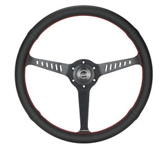 NRG Innovations Reinforced Classic Stealth Wheel, 380mm, 3 spoke center with diagnal slits, 1" Deep Dish with Perforated Leather and Red Stitching RST-380-STL-R
