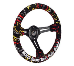 NRG Innovations Reinforced Steering Wheel - Ryan Litteral Signature  3" Deep, 5 mm black  spoke with slit spokes. red Alcantara, Red Stitching, Flame Embroidery"Scare Money Don't Make Money" Finish. RST-018MB-RLB