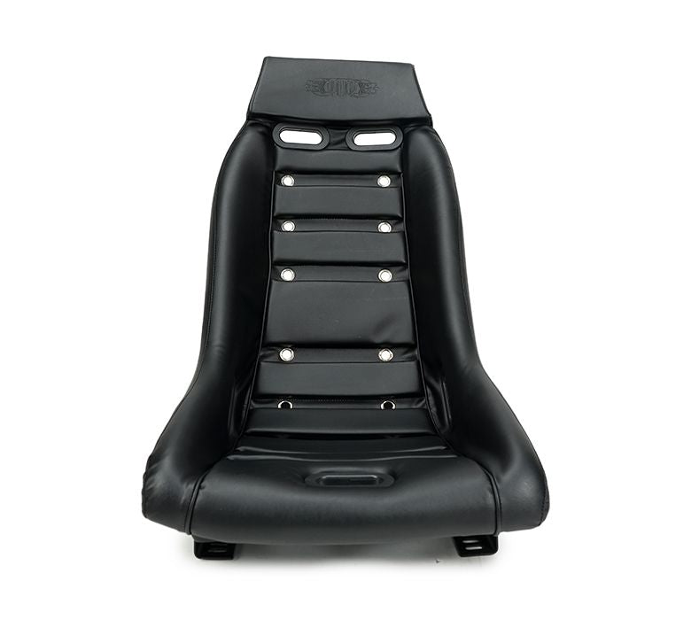 NRG Innovations GT Retro Bucket Seat features Black PVC Leather, black stitching, Black Fiberglass with Madmike Logo and Special grommets PRI-100BK-MM