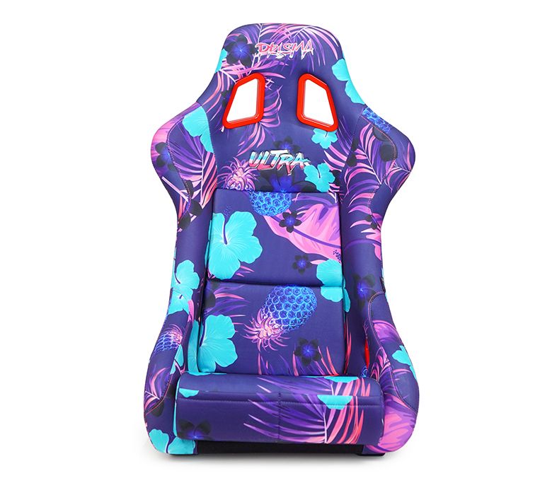 NRG Innovations FRP Bucket Seat PRISMA- PINA Version with Purple pearlized back. Violet Tropical print finish in vegan material plus phone pockets. (Medium) FRP-303-PINA