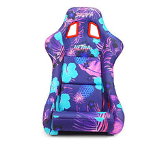 NRG Innovations FRP Bucket Seat PRISMA- PINA Version with Purple pearlized back. Violet Tropical print finish in vegan material plus phone pockets. (Medium) FRP-303-PINA