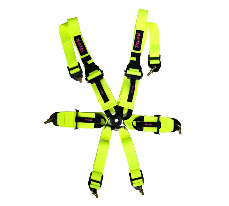 NRG Innovations FIA Approved 6pt 2 inch Shoulder Belt for HANS device. Rotary Cam Lock Buckle, 3" Waist Belt and Crutch Belt - Neon Yellow w/ Prisma logo SBH-HRS6PCFYL-P