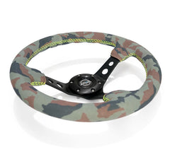 NRG Innovations Reinforced Steering Wheel - 350MM Sport Steering Wheel (3" Deep) - Camo Suede mark with Neon Green stitching and Black Spoke RST-006MB-S-CAMO