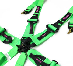 NRG Innovations FIA Approved 6pt 2 inch Shoulder Belt for HANS device. Rotary Cam Lock Buckle, 3" Waist Belt and Crutch Belt - Neon Green w/ Prisma logo SBH-HRS6PCFGN-P