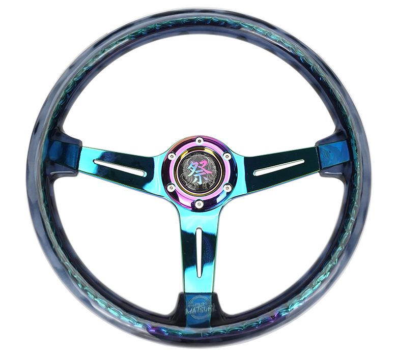NRG Innovations Reinforced Steering Wheel - "Matsuri" 350mm 2" Deep Dish Clear Acrylic Steering Wheel in Smoke and Neochrome spoke finish with slits. RST-027MC-SM
