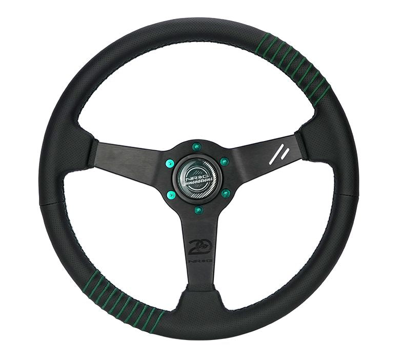 NRG Innovations Steering Wheel - 20 Year Anniversary Black Perforated Leather, Emerald Stitching, Reinforced Spoke, 1.5" Dish, 340 MM RST-037MB-B-20