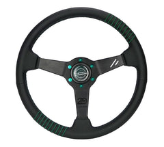 NRG Innovations Steering Wheel - 20 Year Anniversary Black Perforated Leather, Emerald Stitching, Reinforced Spoke, 1.5" Dish, 340 MM RST-037MB-B-20