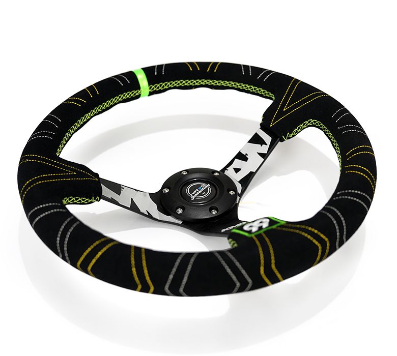 NRG Innovations Reinforced Steering Wheel - Kyle Mohan Signature 3" Deep, 5mm matte black spoke, 350mm Sport Steering Wheel Black suede w/ Tri color stitching, Neon Green Stripe RST-036MB-S-KMR1