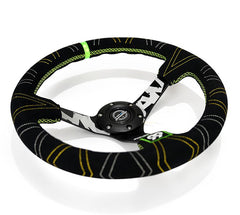 NRG Innovations Reinforced Steering Wheel - Kyle Mohan Signature 3" Deep, 5mm matte black spoke, 350mm Sport Steering Wheel Black suede w/ Tri color stitching, Neon Green Stripe RST-036MB-S-KMR1