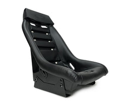 NRG Innovations GT Retro Bucket Seat features Black PVC Leather, black stitching, Black Fiberglass with Madmike Logo and Special grommets PRI-100BK-MM