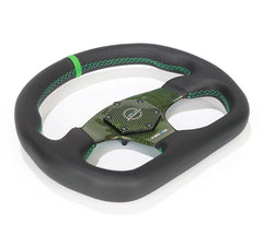 NRG Innovations CARBON FIBER STEERING WHEEL 320MM GREEN CARBON FIBER CENTER W/ GREEN STITCH GREEN CENTER MARK FLAT BOTTOM RST-024CF/GN