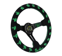 NRG Innovations Reinforced Steering Wheel - Forrest Wang Signature 3" Deep, 5mm Solid Signature Spoke, 350mm Sport Steering Wheel Black Suede w/ Green Palm Trees RST-020MB-FW