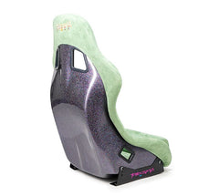NRG Innovations FRP Bucket Seat PRISMA Edition with pearlized back. All Olive alcantara vegan material w/ phone pockets. (Medium) FRP-303OL-PRISMA
