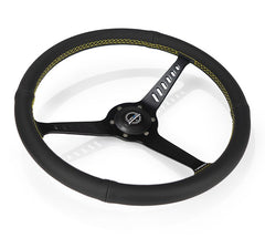 NRG Innovations Reinforced Classic Stealth Wheel, 380mm, 3 spoke center with diagnal slits, 1" Deep Dish with Perforated Leather and Yellow Stitching RST-380-STL-Y