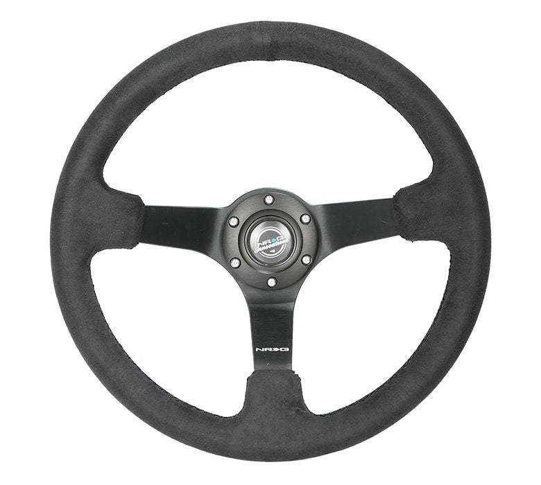 NRG Innovations Reinforced Steering Wheel- RACE STYLE - 350mm sport steering wheel (3' deep) black Alcantara w/ Black regularstitching - Matte Black spoke RST-036MB-SA