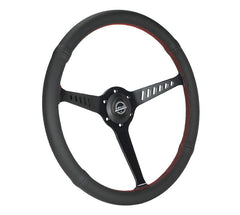 NRG Innovations Reinforced Classic Stealth Wheel, 380mm, 3 spoke center with diagnal slits, 1" Deep Dish with Perforated Leather and Red Stitching RST-380-STL-R
