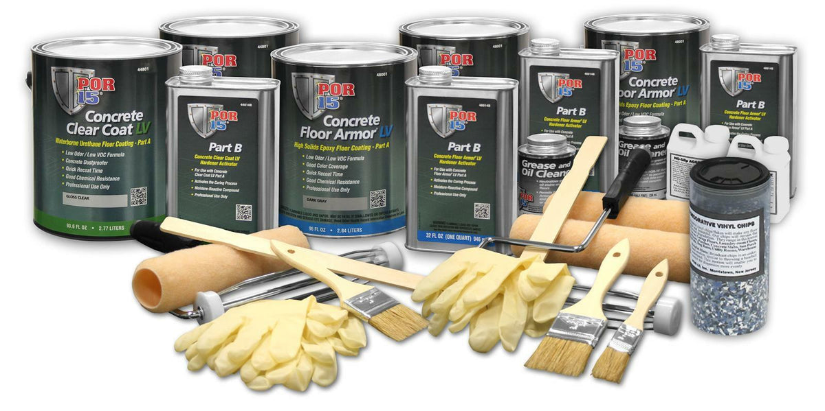 POR-15 Concrete Floor Armor LV Dark Gray -  Mix Chips Deluxe Kit - 2K Water-based High Solids Epoxy Coating 48069