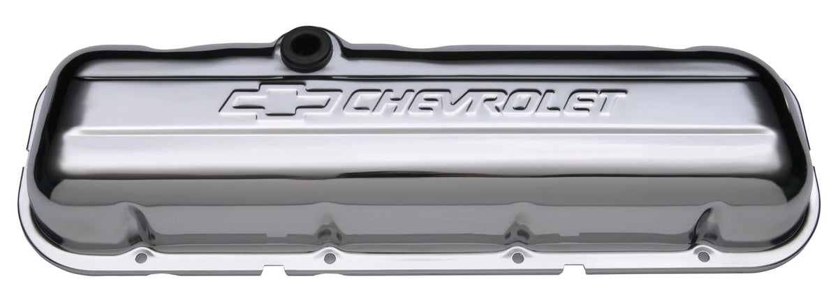 PROFORM 141-114 Engine Valve Covers; Stamped Steel; Short; Chrome; w/ Bowtie Logo; Fits BB Chevy