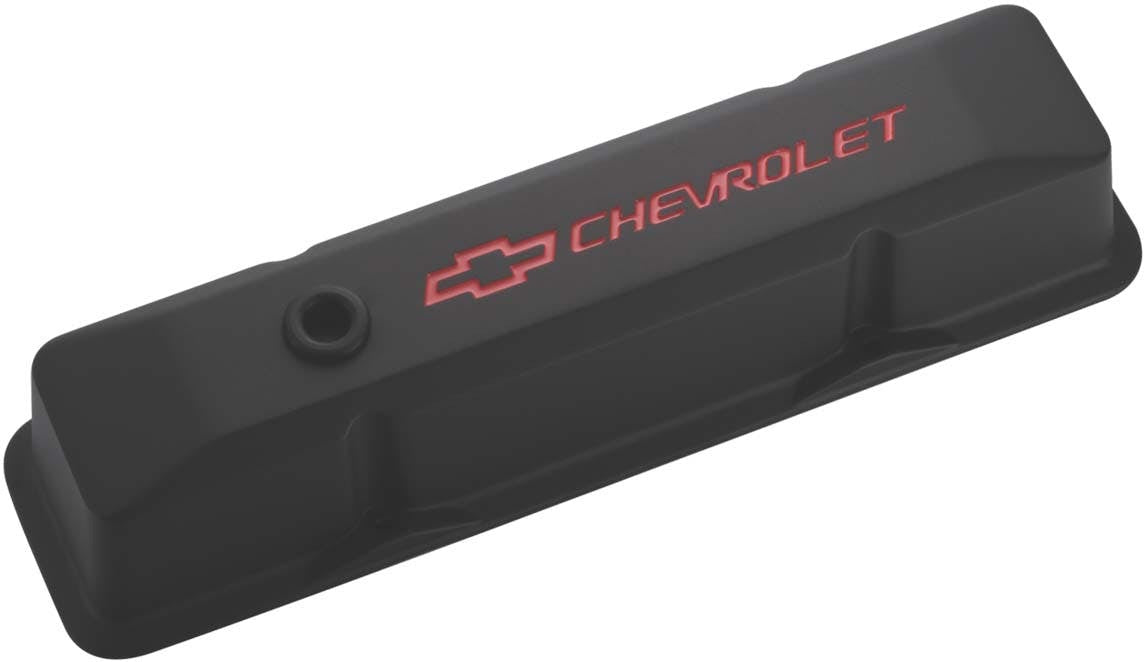 PROFORM 141-116 Engine Valve Covers; Tall Style; Die Cast; Black with Bowtie Logo; Fits SB Chevy