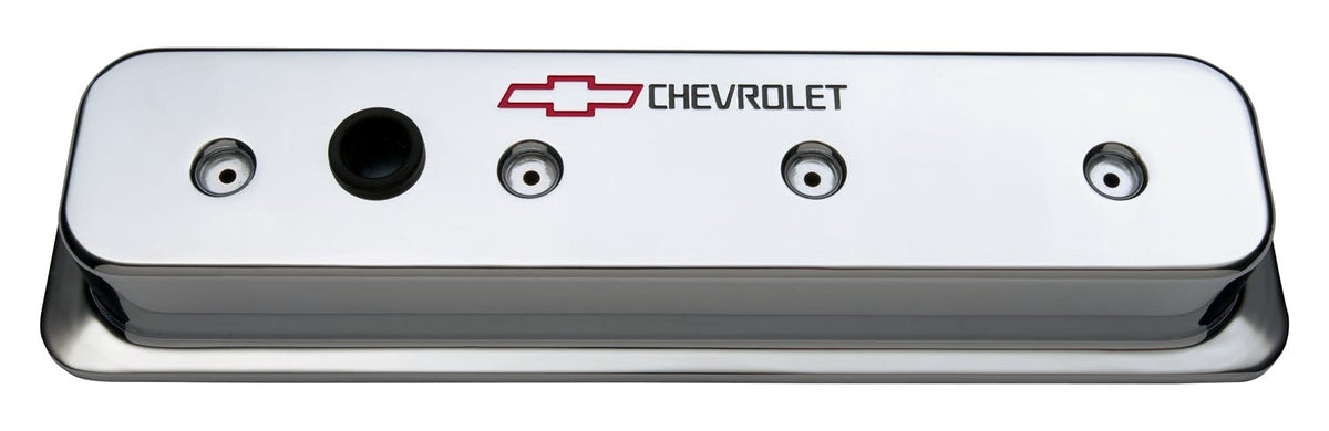 PROFORM 141-132 Engine Valve Covers; Center Bolt Style; Die Cast; Chrome w/Bowtie Logo; SB Chevy