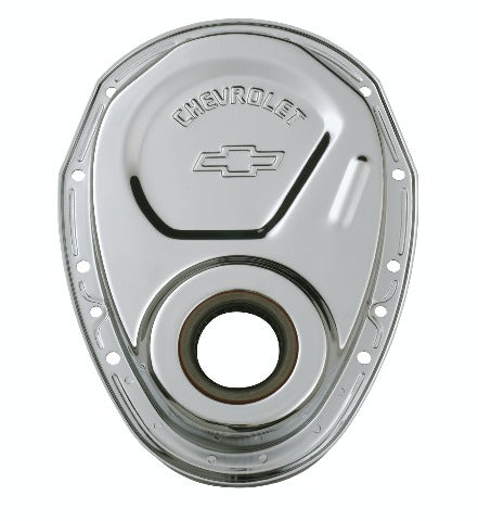PROFORM 141-215 Timing Chain Cover; Chrome; Steel; With Chevy and Bowtie Logo; SB Chevy 69-91