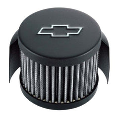 PROFORM 141-613 Engine Valve Cover Breather; Chevy Logo; Push-In Style w/Hood; Black Crinkle