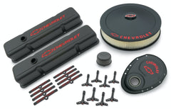 PROFORM 141-758 Engine Dress-Up Kit; Black Crinkle Finish; Red Bowtie; Red Letters; For SB Chevy