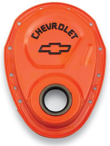 PROFORM 141-783 Timing Chain Cover; Orange; Steel; With Chevy Bowtie Logo; SB Chevy 69-91