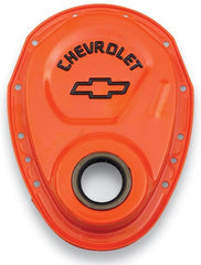 PROFORM 141-783 Timing Chain Cover; Orange; Steel; With Chevy Bowtie Logo; SB Chevy 69-91