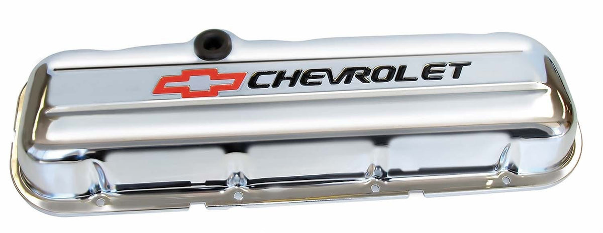 PROFORM 141-812 Engine Valve Covers; Stamped Steel; Short; Chrome; w/ Bowtie Logo; Fits BB Chevy