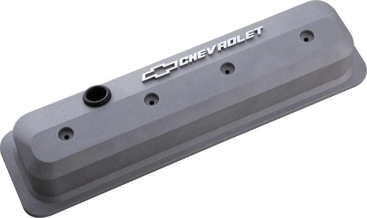 PROFORM 141-842 Valve Covers; SBC; 87-Pre LS; Ctr Bolt; Tall; Alum; Cast Gray; Raised Emblems