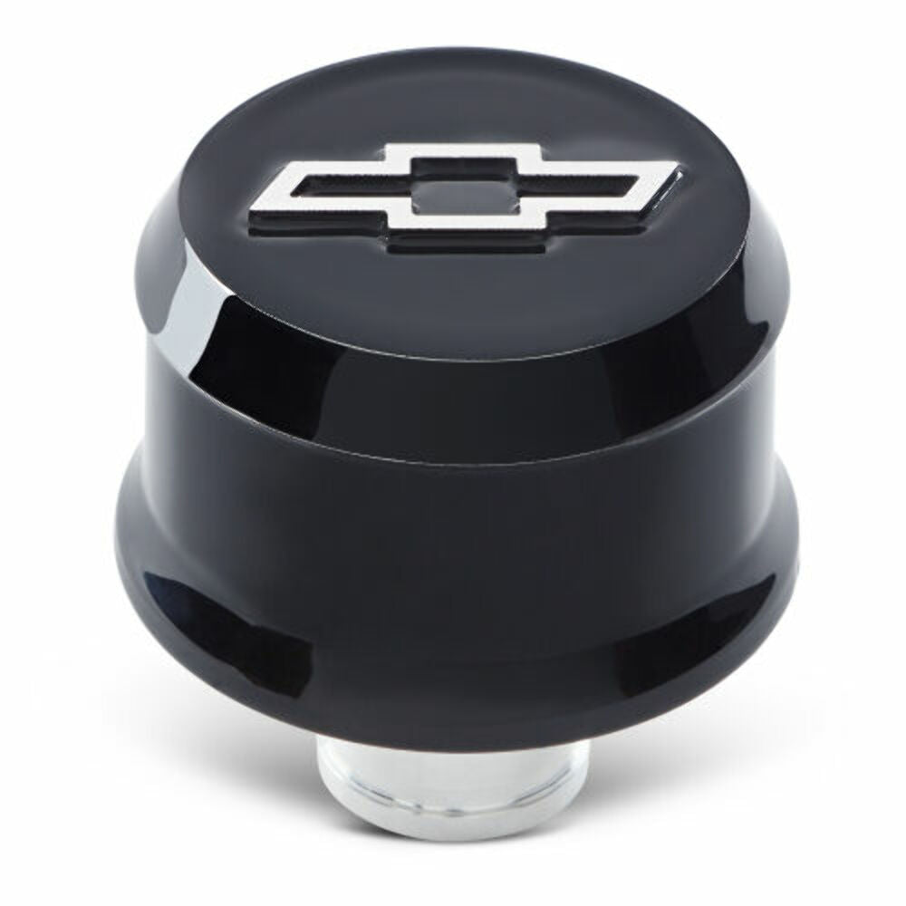 Proform Slant-Edge Aluminum Breather Cap Raised Bowtie Emblem Push-In Liquid Black PN. 141-849