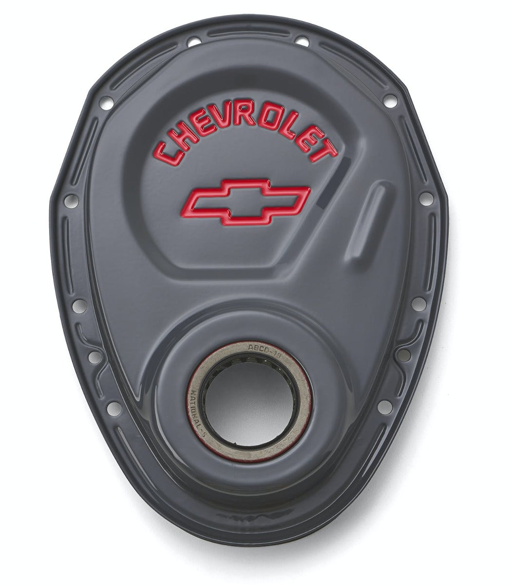 PROFORM 141-883 Chevrolet and Bowtie Emblem Shark Gray Timing Chain Cover, Chevy S/B