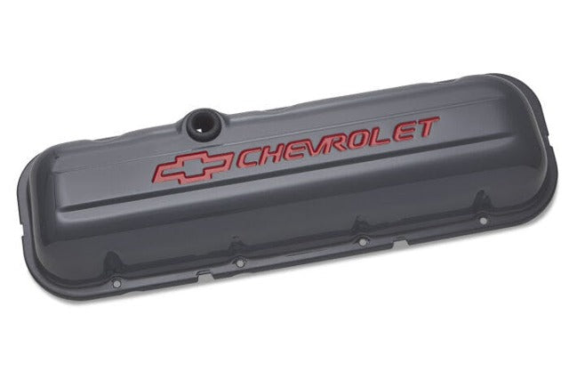 PROFORM 141-888 Engine Valve Covers; Stamped Steel; Tall; Shark Gray; w/ Bowtie Logo; BB Chevy