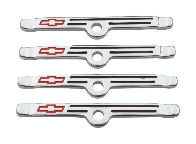 PROFORM 141-903 Engine Valve Cover Holdown Clamps; Chrome with Red Bowtie Logo; SB Chevy; 4 Pcs