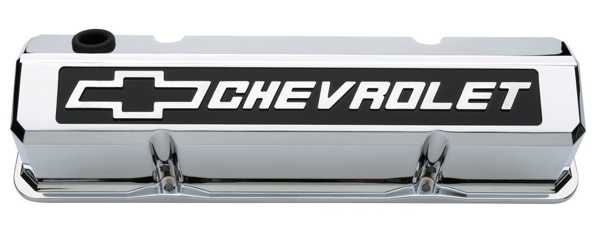 PROFORM 141-922 Valve Covers; Slant-Edge Tall; Die Cast; Chrome w/Raised Bowtie Logo; SB Chevy