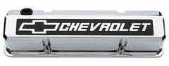 PROFORM 141-922 Valve Covers; Slant-Edge Tall; Die Cast; Chrome w/Raised Bowtie Logo; SB Chevy