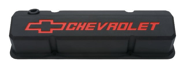 PROFORM 141-928 Valve Covers; Slant-Edge Tall; Die Cast; Black w/Recessed Bowtie Logo; SB Chevy