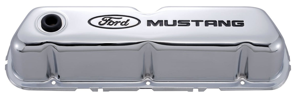 PROFORM 302-100 Engine Valve Covers; Tall Style; Steel; Chrome with Mustang Logo; For SB Ford