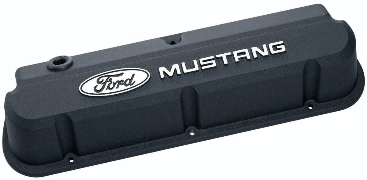 PROFORM 302-140 Valve Covers; Slant-Edge Tall; Die Cast; Black with Raised Mustang Logo; SB Ford