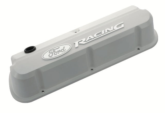 PROFORM 302-142 Valve Covers; Slant-Edge Tall; Die Cast; White with Raised Ford Logo; SB Ford