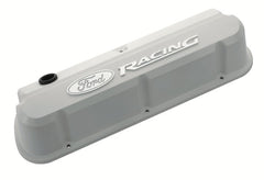 PROFORM 302-142 Valve Covers; Slant-Edge Tall; Die Cast; White with Raised Ford Logo; SB Ford