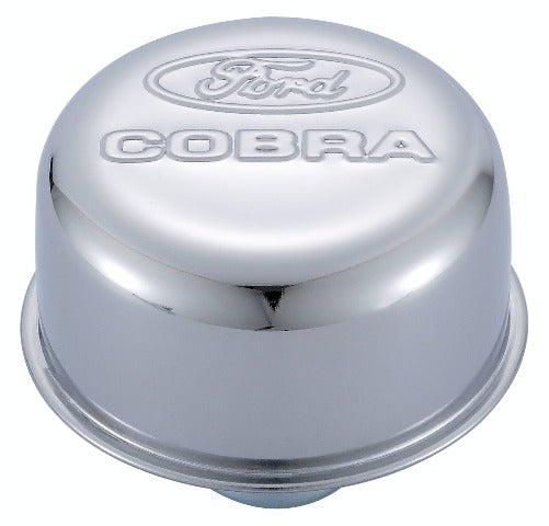 PROFORM 302-225 Engine Valve Cover Breather; 3 In Dia; Ford Cobra Logo; Push-In Style; Chrome