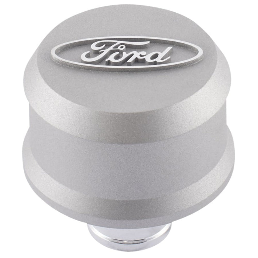 PROFORM 302-437 Slant-Edge Aluminum Breather Cap; Raised Oval Emblem; Push-In; Cast Gray Crinkle