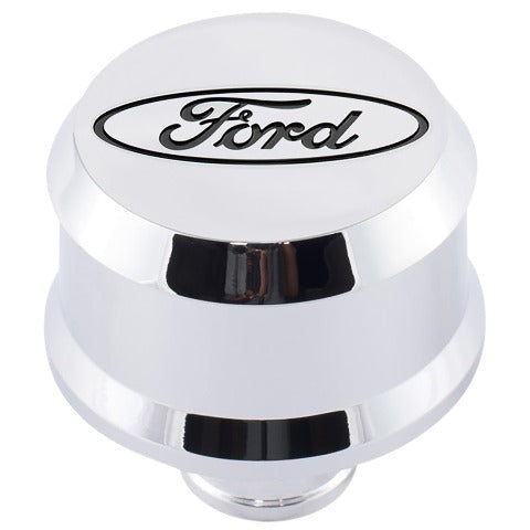 PROFORM 302-439 Slant-Edge Aluminum Breather Cap; Recessed Black Oval Emblem; Push-In; Chrome