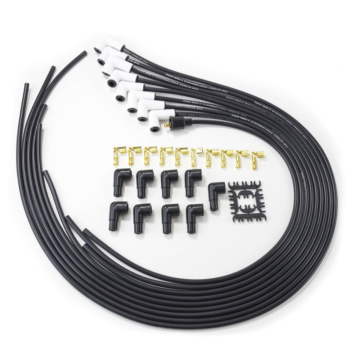Top Street Performance 85090CE 8.5mm Universal Spark Plug Wire Set with 90? Ceramic Plug Boots, Black Wire