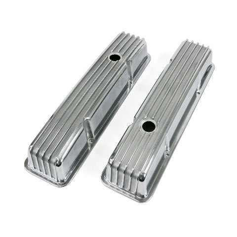 Top Street Performance JM8501-8 Aluminum Tall Die Cast Finned Valve Cover Short Bolt, w/ Breather Hole, Polish