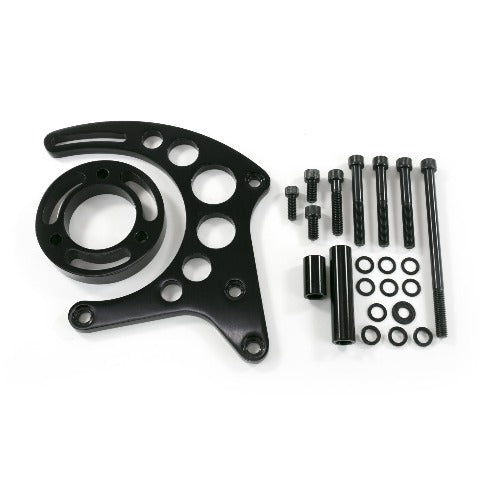 Top Street Performance JM9121BK Alternator 10SI Bracket; Aluminum SBC High-mount Long Water Pump; Black