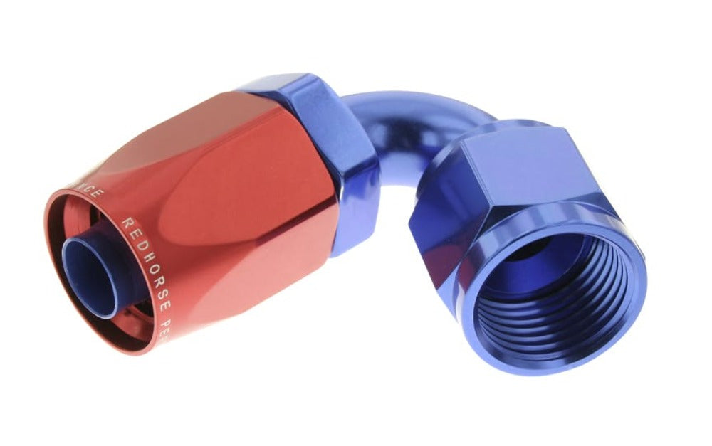 Redhorse Performance 6120-04-1 -04 120 deg Female Aluminum Hose End - non-swivel - red and blue