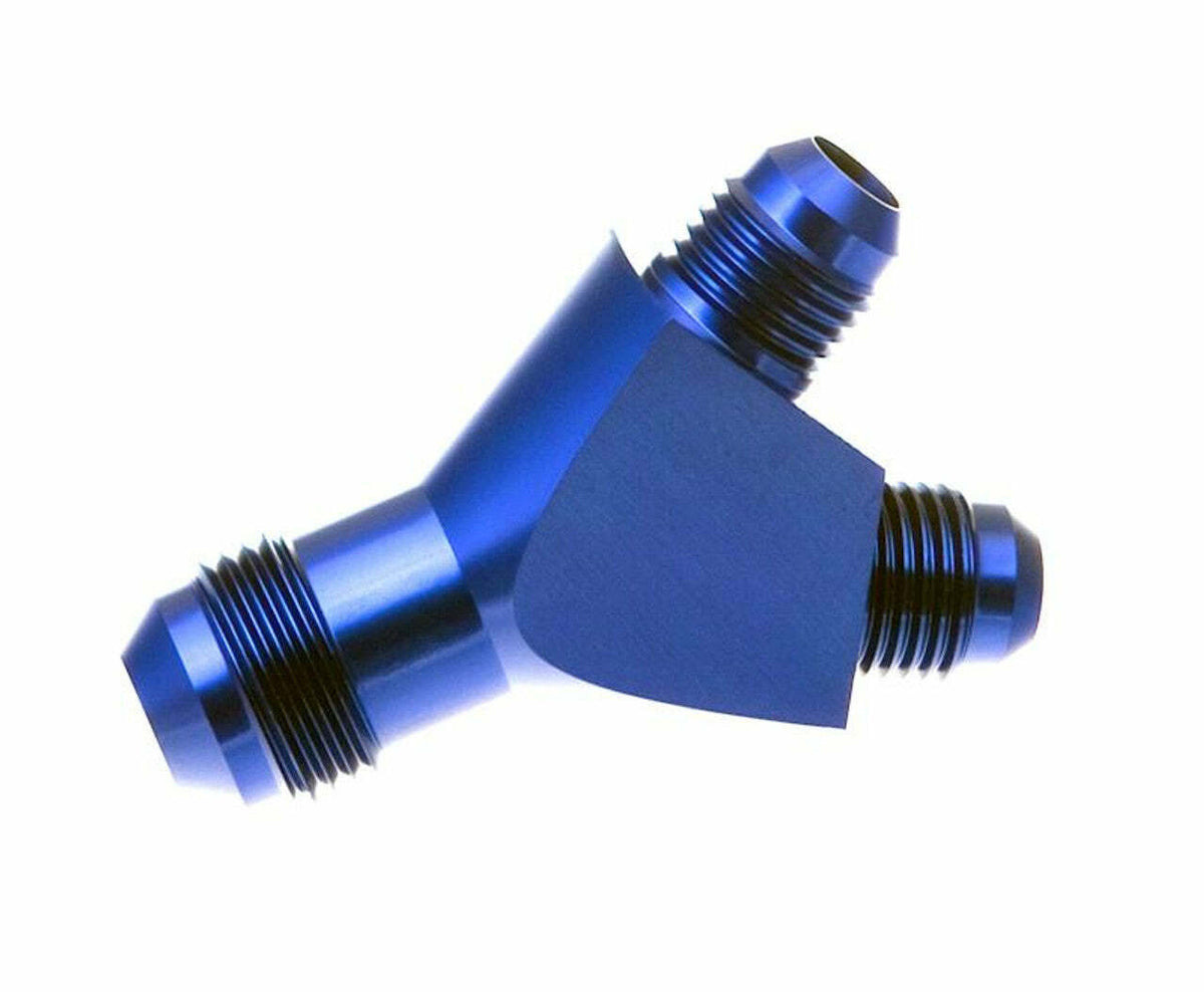 Redhorse Performance 930-12-08-1 Y Block, -12 AN Male inlet to dual -08 AN Male outlets - blue